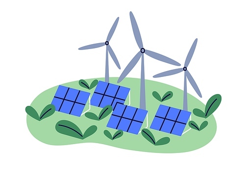 Eco sustainable renewable energy, green electric power station with alternative electricity. Sustainability concept. Wind mills, solar panels. Flat vector illustration isolated on white background.