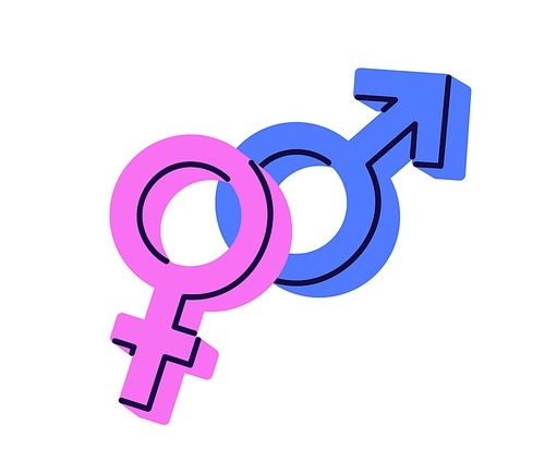 Male and female gender symbols. Woman and man sexes relationship, united overlapping mars and venus signs. Feminine and masculine concept. Flat vector illustration isolated on white background.