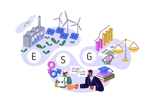 ESG concept. Environmental, social and corporate governance. Sustainable responsible ethical approach and values in business and management. Flat vector illustration isolated on white background.