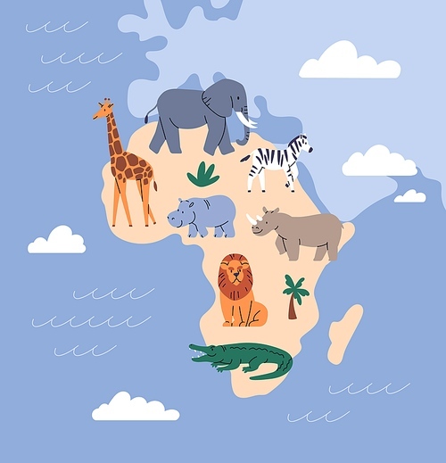 Africa map with wild animals. Cute mammals of African land, continent. Wildlife, terrestrial fauna, different species, habitats, elephant, giraffe, lion, zebra. Childish flat vector illustration.