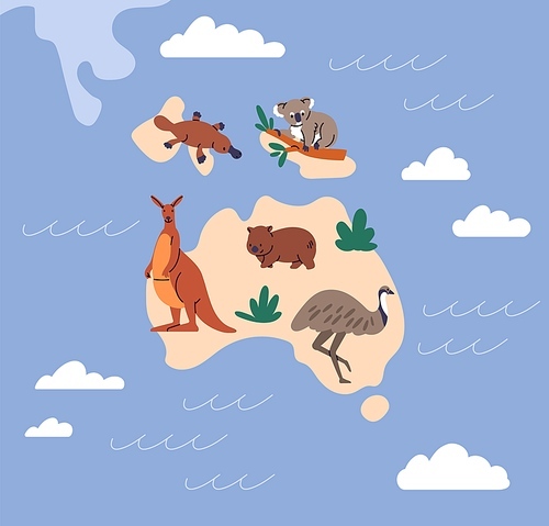 Australia map with wild Australian animals. Wildlife, fauna, mammals on South. Cute kangaroo, emu ostrich, koala bear, platypus, wombat with sea, ocean around. Childish flat vector illustration.