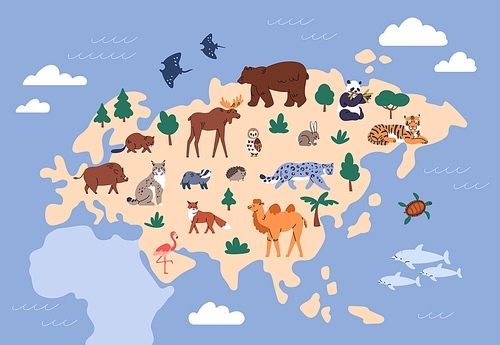 Animals on Eurasia map. Cute wild Eurasian mammals, fauna. Land and sea wildlife. Terrestrial and marine zoology of Europe and Asia. Camel, elk, boar, bear and tiger. Childish flat vector illustration.