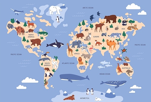 World map with animals in water and on earth. Geography and fauna of planet. Wildlife, nature for kids.Continents, oceans, mammals and fishes for preschool children. Colored flat vector illustration.