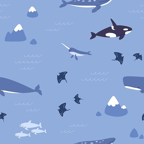 Seamless underwater pattern. Sea and ocean fishes, animals on endless background. Kids repeating under water print. Undersea marine texture design for fabric. Colored flat graphic vector illustration.