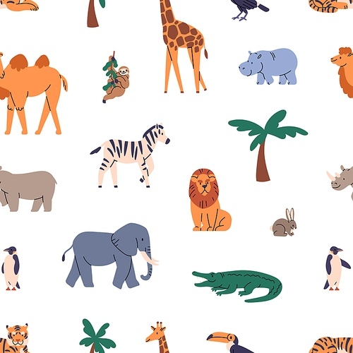 Wild animals pattern. Seamless background, different cute mammals, fauna. Wildlife, kids repeating print for wrapping, textile. Endless texture design. Printable childish flat vector illustration.