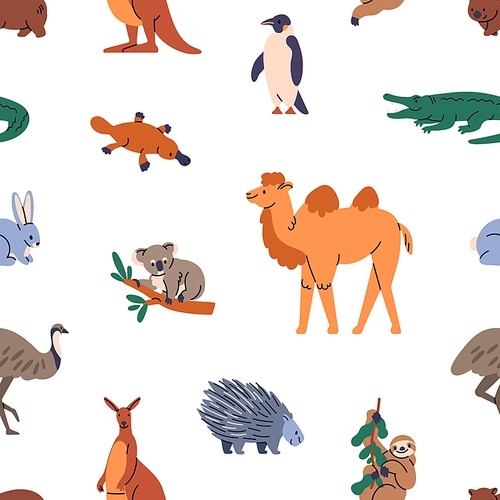 Seamless pattern, wild animals repeating print. Endless background design, cute mammals, fauna. Wildlife texture for kids textile, wallpaper. Printable childish flat vector illustration for decoration.