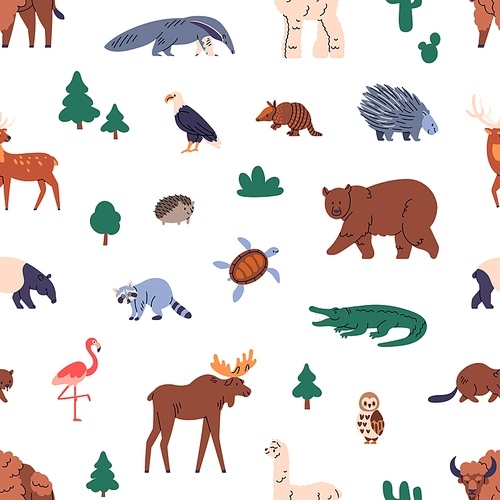 Wild animals, seamless pattern. Fauna species, repeating print. Endless wildlife nature background design with different beasts, bear, elk, crocodile, raccoon and llama. Flat vector illustration.