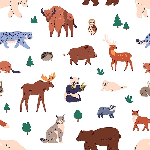 Seamless pattern, wild animals. Endless fauna background design, repeating print. Repeatable wildlife, beasts texture, bison, elk, panda, bear, boar. Flat vector illustration for textile, fabric.