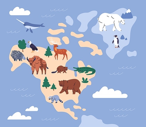 Animals of North America. Cute wild mammals, fauna on Northern American map. Wildlife, habitats on land and sea, ocean. Polar bear, bison, eagle and crocodile. Childish flat vector illustration.