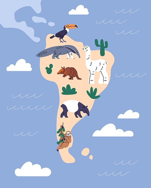 South America map with animals. Cute wild mammals on Southern American land. Wildlife, terrestrial habitats. Llama, anteater, toucan, different species, habitants. Childish flat vector illustration.