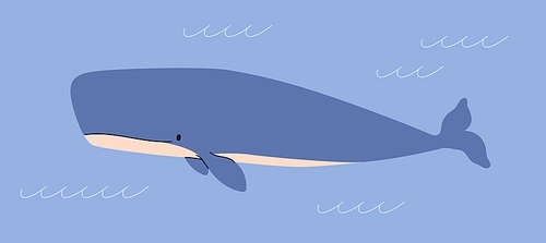 Whale in sea water. Underwater big animal, aquatic mammal swimming. Wild undersea marine cute fish in ocean. Childish kids flat vector illustration.