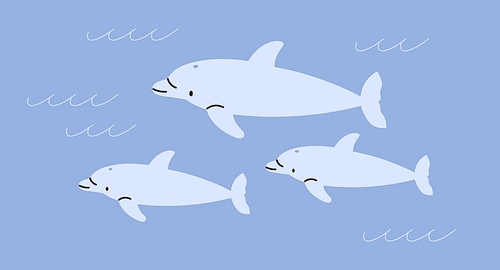 Dolphins in sea water. Underwater fishes, aquatic mammals. Wild undersea marine cute family swimming, surfing. Childish kids flat vector illustration.