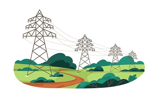 Electric power lines with overhead high voltage cables and transmission towers. Electricity energy distribution powerlines with poles and wires. Flat vector illustration isolated on white background.