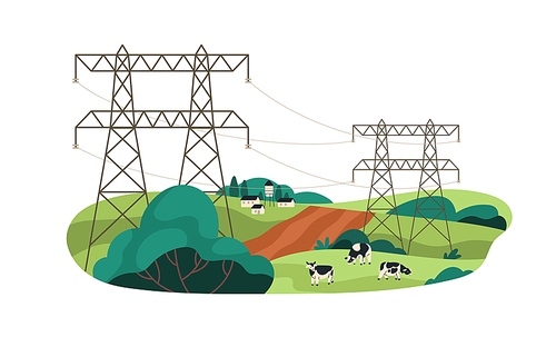 Farmland with electric power lines and cows grazing. Pasture, high voltage towers and cables tansmitting electricity to remote country. Flat graphic vector illustration isolated on white background.