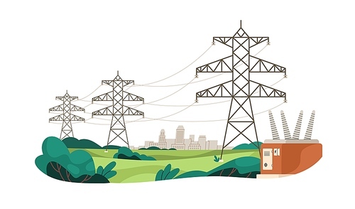 Electric power lines transmitting electricity to city. High voltage transmission cables, suspended wires, towers. Powerlines delivering energy. Flat vector illustration isolated on white background.
