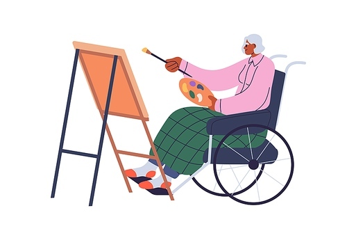 Senior person with disability in wheelchair, drawing on canvas. Old artist painting at easel. Elderly black woman painter in wheel chair. Flat vector illustration isolated on white background.
