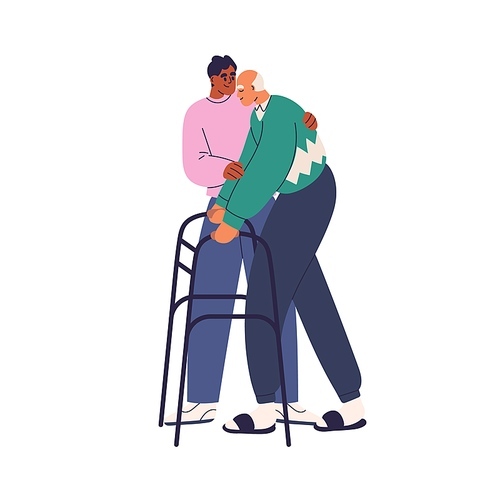 Person helping old aged man go with walking frame, aids. Caring, assisting senior elderly character with disability, move with walker equipment. Flat vector illustration isolated on white background.