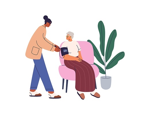 Nursing, caring about old woman health, measuring blood pressure at home. Medical help for elderly person. Caregiver and senior aged lady. Flat vector illustration isolated on white background.