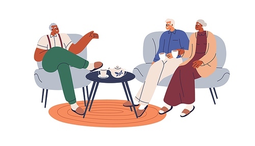 Senior friends talking, relaxing at home. Happy old people drinking tea, speaking, resting on sofa in living room. Elderly men, woman. Flat graphic vector illustration isolated on white background.