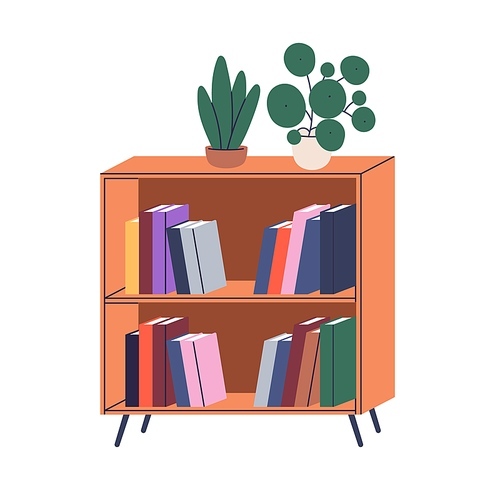 Paper books, potted plants on shelf. Wood bookshelf, furniture for literature rows store, storage. Trendy wooden bookcase in retro style. Flat vector illustration isolated on white background.
