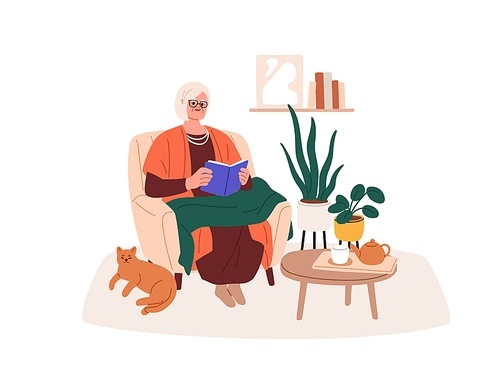 Elderly woman reading book, sitting in cozy armchair. Old female character, granny reader with novel. Senior lady in comfortable chair at leisure. Flat vector illustration isolated on white background.