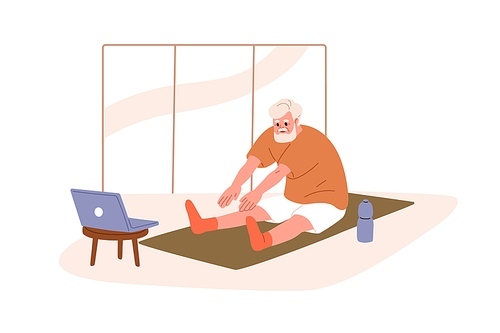 Elderly man doing sport exercise, stretching on fitness mat with online video on laptop computer. Old senior person at home workout via internet. Flat vector illustration isolated on white background.