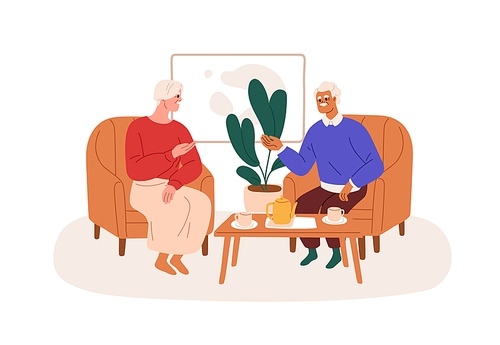 Old love couple relaxing with tea. Happy man and woman of senior age resting at home, talking. Elderly wife and older husband communication. Flat vector illustration isolated on white background.
