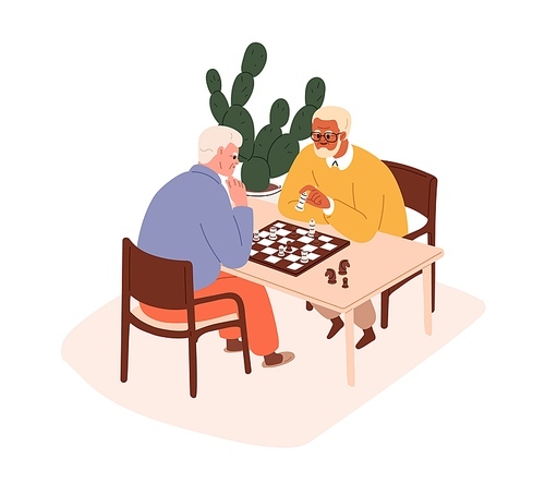 Old men, senior friends playing chess, board game. Elderly people, retired characters players at chessboard at home leisure, relaxing together. Flat vector illustration isolated on white background.