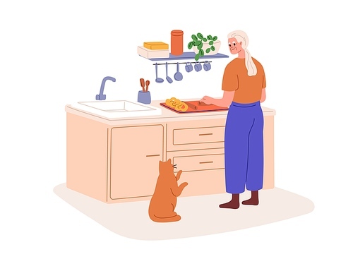 Old woman cooking at kitchen. Female character of senior age making homemade bakery, dish at home. Elderly person, grandmother cooks with cat. Flat vector illustration isolated on white background.