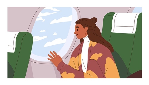 Passenger traveling by air plane, looking outside porthole at sky with clouds. Happy woman sitting by window in aircraft. Female tourist in airplane. Colored flat vector illustration of traveler.