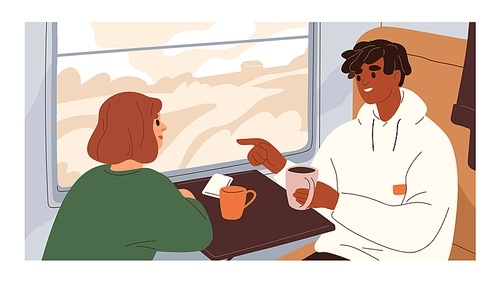 Couple of passengers traveling by railroad, sitting by window with tea cups and talking in train. Happy tourists enjoying trip by railway. Colored flat vector illustration of travelers in transport.