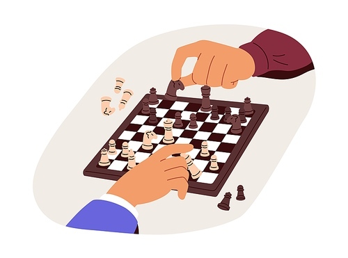 Hands playing strategy game at chess board. Players at chessboard tournament, moving pieces. Strategic decisions in business and politics concept. Flat vector illustration isolated on white background.