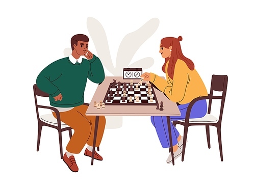 Man, woman playing chess at game board at table. Chessboard players competitors, two rivals at international tournament, competition, match. Flat vector illustration isolated on white background.