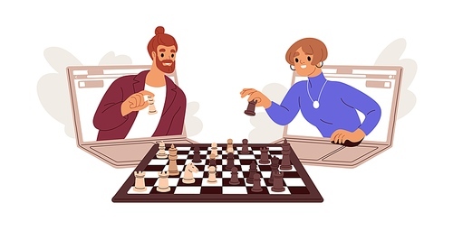 Online chess players playing remote chessboard game through internet. Virtual distant tournament, strategic match via laptop computers. Flat graphic vector illustration isolated on white background.