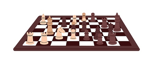 Chess pieces on chessboard, board game, side view. Strategy concept. Battle, tournament, competition of black and white rivals, armies on checkerboard. Flat vector illustration isolated on background.