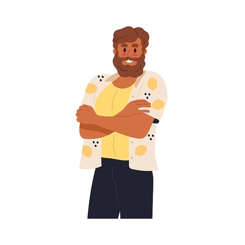Shy confused smiling man blushing. Nice ashamed embarrassed modest guy with red cheeks, arms crossed, embarrassment expression, confusion emotion. Flat vector illustration isolated on white background.