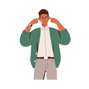 Angry man plugging, closing ears with finger, covering from loud disturbing noise. Annoyed irritated person ignores. Ignorance expression. Flat graphic vector illustration isolated on white background.