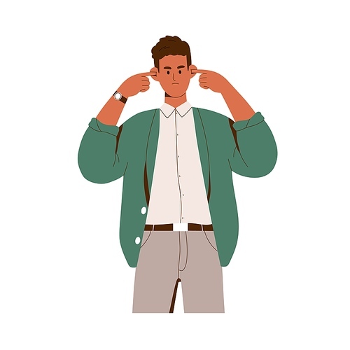 Angry man , closing ears with finger, covering from loud disturbing noise. Annoyed irritated person ignores. Ignorance expression. Flat graphic vector illustration isolated on white background.