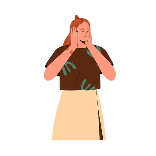 Annoyed woman closing ears, covering with hand palms. Irritated person ignoring disturbing noisy sound, noise. Sad sensitive girl. Flat graphic vector illustration isolated on white background.