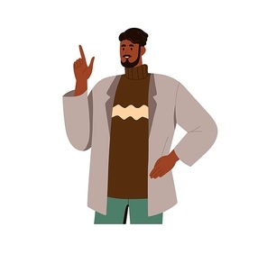 Man speaking with finger up, pointing gesture. Male character giving advice, telling ideas, noting, informing, advising and instructing. Flat graphic vector illustration isolated on white background.