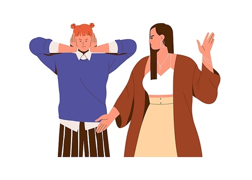 Woman closing, covering ears with hand, ignoring annoying negative person. Girl avoiding listening to smth unpleasant. Ignorance concept. Flat graphic vector illustration isolated on white background.