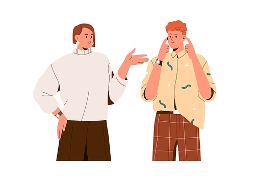 Man ignoring woman, avoiding listening to disturbing girl. Person closing,  ears with fingers. Expression of ignorance in couple. Flat graphic vector illustration isolated on white background.