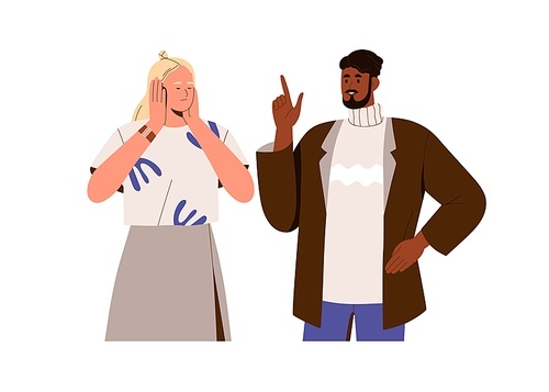Woman closing ears with palms, deaf to unpleasant man. Person avoiding listening. Couple misunderstanding, bad communication, ignorance. Flat graphic vector illustration isolated on white background.