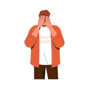 Ignoring, closing eyes with palms. Man character covering, hiding face, avoiding looking, refusing to see, blind to smth. Ignorance concept. Flat vector illustration isolated on white background.
