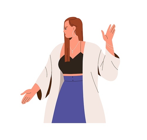 Angry irritated woman shouting, gesturing stop with hand palm. Annoyed furious female character with bad temper, negative emotion, expression. Flat vector illustration isolated on white background.