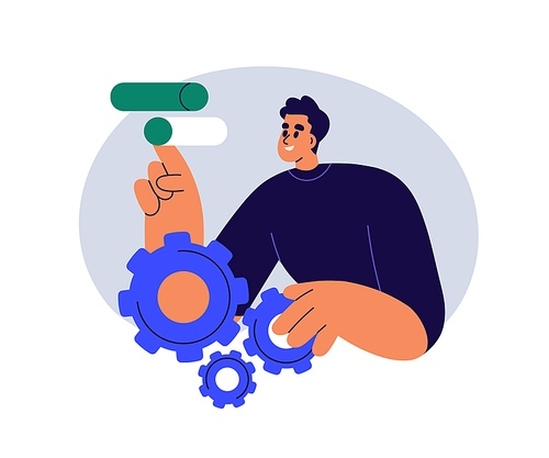 Business technologies work concept. Fixing settings, cogwheels, adjusting sliders. Person changing, developing, modifying, repairing system. Flat vector illustration isolated on white background.