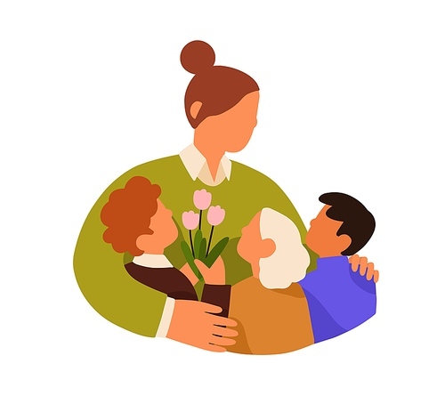 Children giving flowers bouquet for Teacher day. School students, kids hugging tutor, thanking with love and respect. Schoolkids with tulips gift. Flat vector illustration isolated on white background.