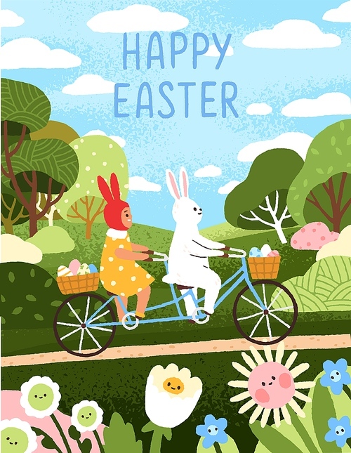 Happy Easter card. Kids postcard design for spring holiday. Cute bunny, fairy rabbit, kawaii fairytale character and child on bicycle with eggs. Modern colored childish flat vector illustration.