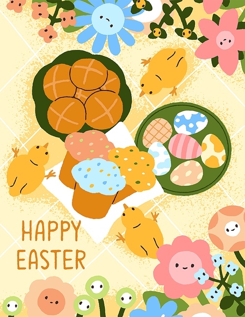 Happy Easter day, post card design. Postcard background with chickens, dyed eggs, buns, traditional bakery food for spring religious holiday. Modern colored childish flat vector illustration.