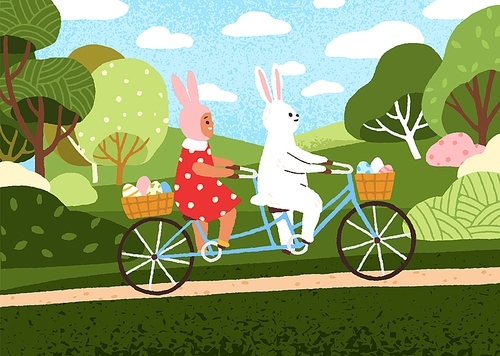 Cute Easter bunny and kid riding bicycle. Happy child and rabbit cycling with eggs for spring holiday. Girl and fairy fantasy hare in nature. Childish fairytale fiction flat vector illustration.